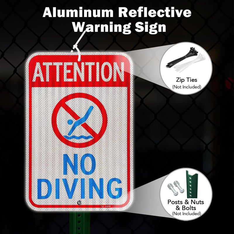 TR (2 Pack) Large Attention No Diving Signs, 18" x 12" Engineer Grade Reflective Sheeting, Rust Free Aluminum, Weather Resistant, Waterproof, Fade Resistant, 2 Pre-drilled Holes - Image 5